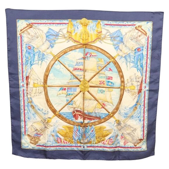HERMES Carre 90 Scarf ""VIVE LE VENT"" Silk Beige Auth - Picture 1 of 16